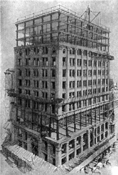 Black & white chalk sketch of America’s first skyscrapers being built: Chicago’s 10-story Home Insurance Building - showing the deep foundation, scaffolding and thin steel support beams.