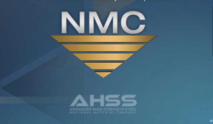 Simple graphic on a gradient blue background that features the official National Material Company logo with the words “AHSS – Advanced High Strength Steel” placed below.