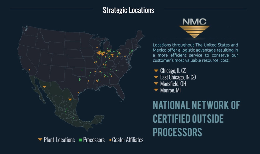 A dark blue map of all the ISC locations in the United States and Mexico, designating plant locations with yellow arrows, steel processing locations with green squares, and pre-painted steel coater affiliates in yellow dots, beside which are a few sentences about the ISC advantage. 