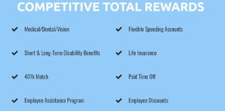 On a light blue background, “competitive total rewards” is printed in large, all-capitalized white letters above a two-column bulleted list of all the benefits for NMC employees which include medical, dental, vision, paid time off, life insurance, disability benefits, 401K match, employee discounts, and flexible spending accounts. 