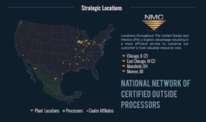 A dark blue map of NMc locations in the United States and Mexico, designating plant locations with yellow arrows, steel processing locations with green squares, and pre-painted steel coater affiliates in yellow dots.