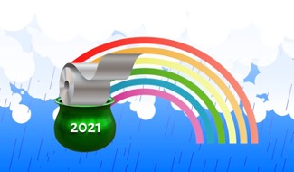 A cartoon graphic of a rainbow, in front of clouds and rain, ending in a green pot containing a large roll of toilet paper and “2021” in white letters on the front.