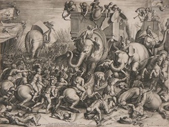 An engraving of a ferocious battle featuring a confused mass of soldiers, horses, lances, swords, shields, and armor as charging elephants with square fortresses full of archers on their back fight through the opposing army.