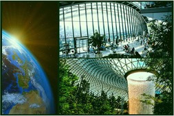 A view of the Earth in space and two modern steel architecture buildings with luscious green trees and flowing water inside.