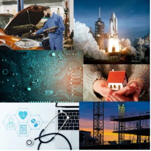 A collage of a man fixing a car, an aircraft about to launch, the micro circuit of a computer, a little girl holding a model home, a stethoscope resting on top of a laptop, and a construction site.