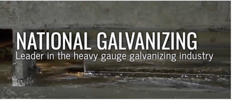 Close-up view of a liquid alloy in the galvanizing process with the words, “NATIONAL GALVANIZING – Leader in the heavy gauge galvanizing industry” in white font.