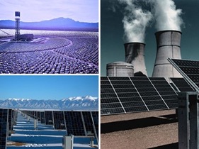 Framed to the entire right is a row of solar panels on a clear sunny day with 2 nuclear power plants emitting a thick white smoke. Framed on the lower left are solar trackers stretching towards the horizon meeting the snowy Rocky Mountains and further on the horizon is a bluish clear sky. Framed on the upper left is a massive field with thousands of solar trackers laid on a circular pattern facing a tall tower holding a large mirror on top with blue skies and towering mountains on the horizon for its background.