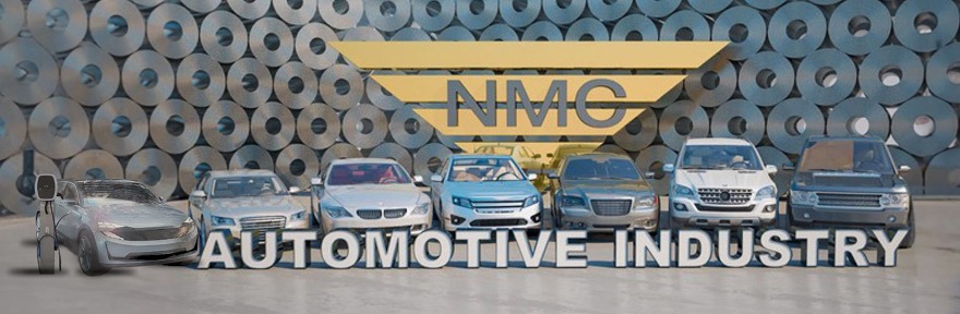 The NMC logo is at the center, rolled metal sheets serve as the background, and seven vehicles of different makes and models – including electric - parked facing the front.