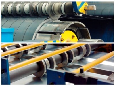 At the top is an aluminum coil wrapped in a mandrel that is being cut by a slitting head machine with multiple metal blades. At the bottom are vibrantly colored metal sheet rollers feeding sheet material on a production line.