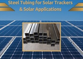 Top view of an expansive solar panel system with a framed image of a stack of hollow steel tubes in the middle. Above that image is the blog title which reads, “Steel Tubing for Solar Trackers & Solar Applications.” The NMC logo and their website address are at the bottom.