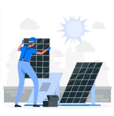 A graphic depiction of a worker wearing safety gear installing solar panels under the sun.