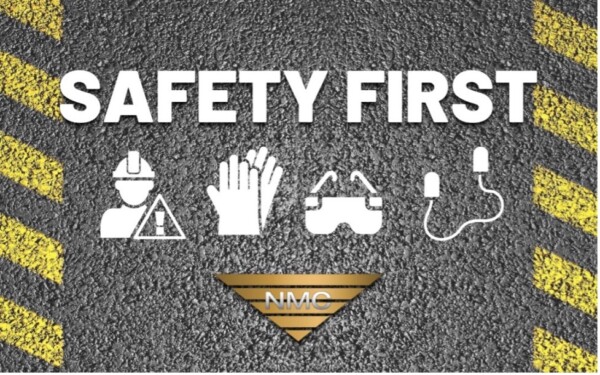 A rough surface with slanting yellow lines on the sides used as a background with the title “safety first.” There are icons/caution signs in the middle and the NMC logo at the bottom.