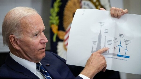 During a June 2022 meeting at the White House, President Joe Biden pointed to a chart comparing the size of wind turbines.