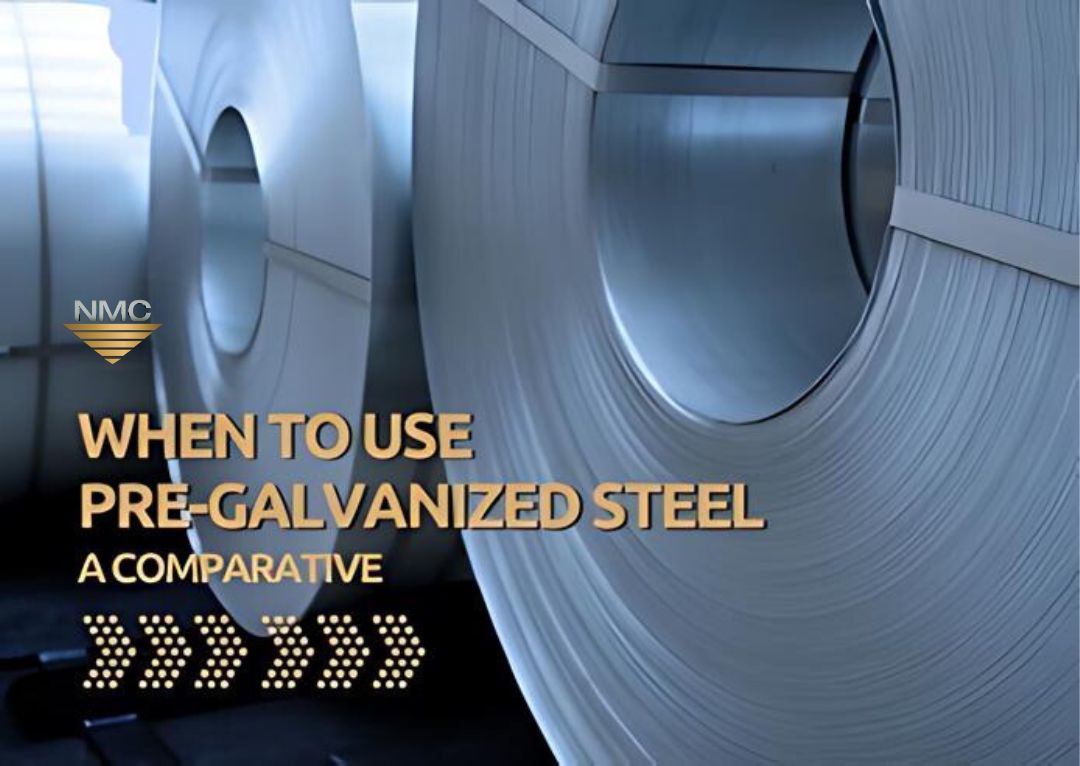 Close-up of pre-galvanized steel coils with text “When to Use Pre-Galvanized Steel: A Comparative” and a right directional arrow graphic overlaying the image under the text.