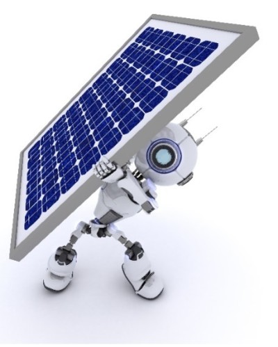 : A robot with a humanoid form is holding a large solar panel. The background is plain white, emphasizing the robot and the solar panel.