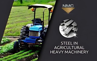 A blue tractor working in a field with crops, accompanied by the NMC logo and the text “Steel in Agricultural Heavy Machinery.”