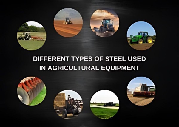 Various images of agricultural equipment arranged in a circular pattern on a black background, with the text “Different Types of Steel Used in Agricultural Equipment.”