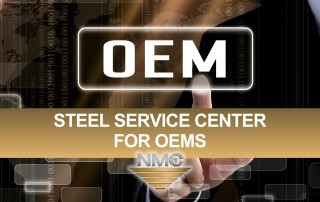 A graphic image featuring the acronym “OEM” prominently displayed in a glowing white box. Below, the text “Steel Service Center for OEMs” is written in bold, white letters against a golden gradient background. The lower portion includes the NMC logo, characterized by stylized letters above a gold triangle with gold and grey stripes. In the background, there’s a faint digital grid, and large hand with a finger pointing, and a world map, giving a high-tech, professional feel.