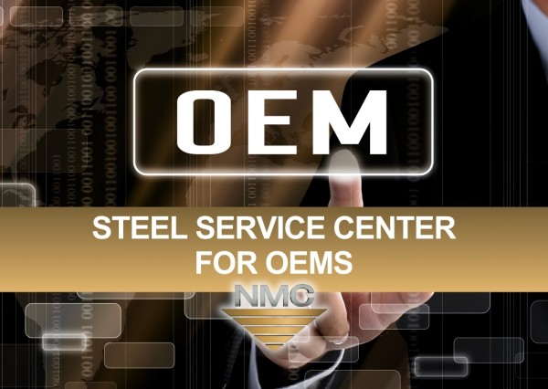 A graphic image featuring the acronym “OEM” prominently displayed in a glowing white box. Below, the text “Steel Service Center for OEMs” is written in bold, white letters against a golden gradient background. The lower portion includes the NMC logo, characterized by stylized letters above a gold triangle with gold and grey stripes. In the background, there’s a faint digital grid, and large hand with a finger pointing, and a world map, giving a high-tech, professional feel.