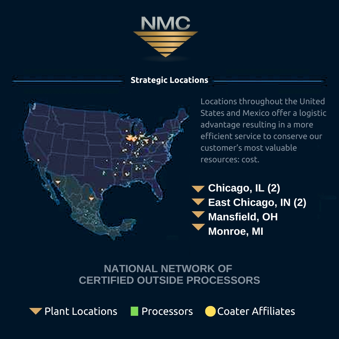 The graphic displays a map of the United States, marked with symbols representing various strategic locations related to NMC. The legend keys include the NMC golden triangle for plant locations, green squares for processors, and gold circles for coater affiliates. The map underscores the company’s logistical advantage across the nation, with specific cities like Chicago, IL, and East Chicago, IN, highlighted, emphasizing the company’s commitment to efficient service and customer cost conservation.