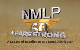 A graphic celebrating NMLP’s 60th anniversary. The image features the NMLP logo above the text ‘60 Years Strong,’ with a subtitle reading ‘A Legacy of Excellence as a Steel Distributor.’ The background is a gradient of gold, emphasizing the significance of the milestone.