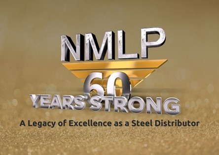 A graphic celebrating NMLP’s 60th anniversary. The image features the NMLP logo above the text ‘60 Years Strong,’ with a subtitle reading ‘A Legacy of Excellence as a Steel Distributor.’ The background is a gradient of gold, emphasizing the significance of the milestone.