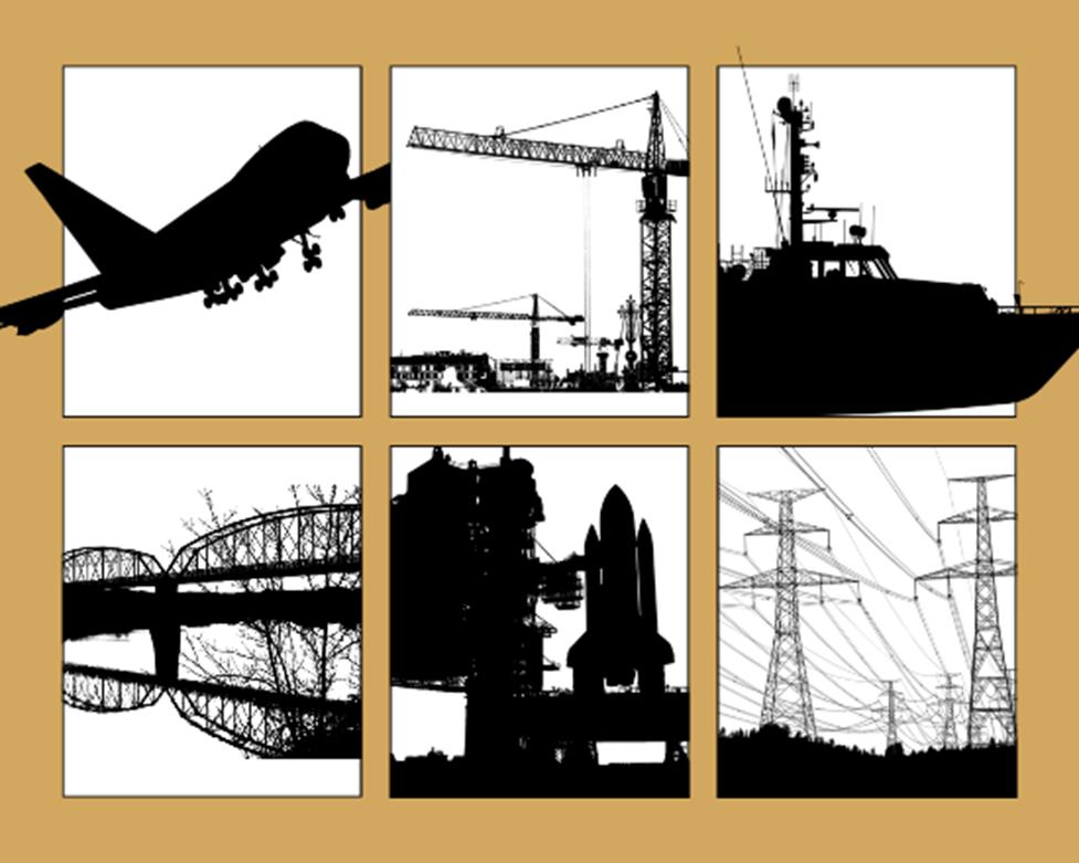 There’s a collection of six separate silhouetted graphics against a golden frame and white background. Each graphic is contained within its frame, depicting various forms of transportation and infrastructure. From the top left to bottom right, the graphics illustrate an airplane in flight with landing gear extended, a tower crane at a construction site, a ship with detailed superstructure, a bridge with a truss design, a space shuttle with two booster rockets attached on either side on a launch pad, and high-voltage power lines supported by tall pylons.