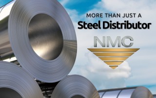 Stacks of large steel coils with a blue sky in the background, featuring the National Material Company (NMC) logo and the text “More Than Just a Steel Distributor” on the right side of the image.