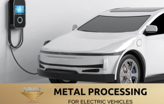 A sleek electric car connected to a charging station above a gold banner with the NMC logo and text promoting metal processing services for EVs.