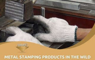 A close-up of a worker’s gloved hands operating a metal stamping machine. The NMC logo and the text “Metal Stamping Products in the Wild” appear at the bottom, highlighting National Material Company’s expertise in metal stamping. The URL, www.nationalmaterial.com, is at the bottom.