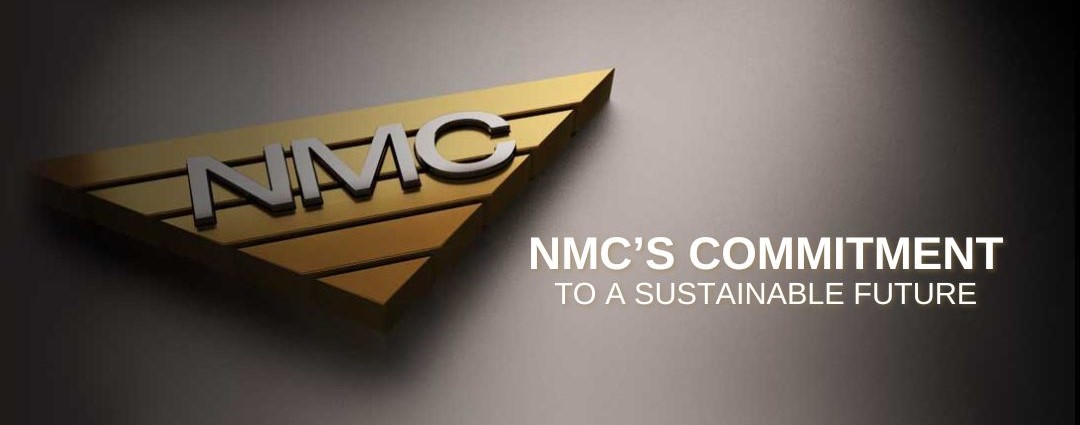 NMC gold inverted triangle logo on a dark gradient background. The text beside it reads: “NMC’s commitment to a sustainable future.”